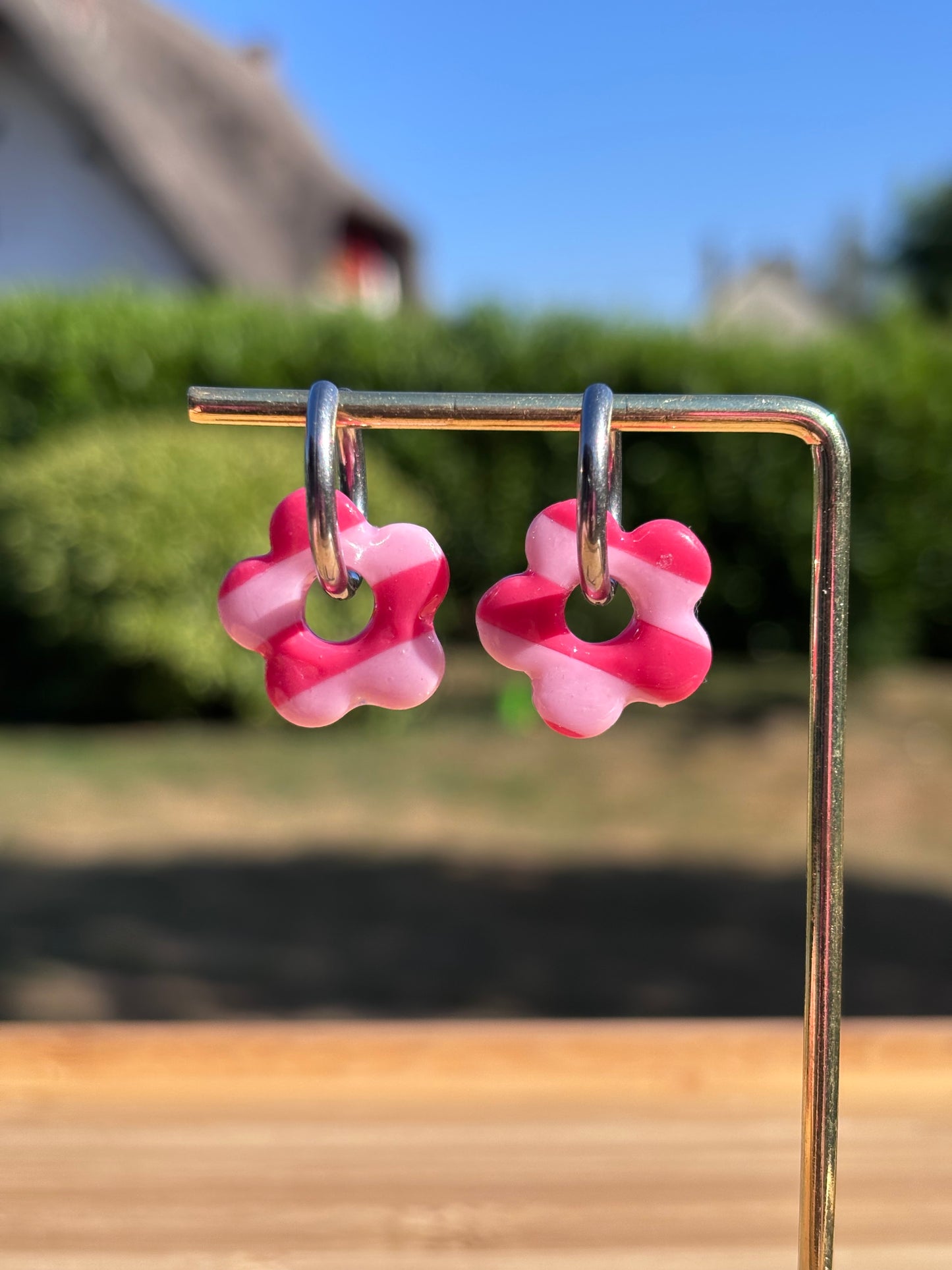 Créoles Margarita rayées rose | Théia Bijoux